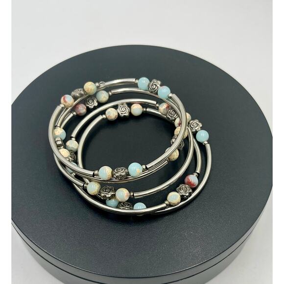 Coil Wrap Agate Seafoam Green Rose Pastel Accent Bracelet Memory Wire Bangle - Picture 3 of 9